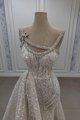 Gorgeous Asymmetrical Mermaid Strapless Sleeveless Beaded Panel Train Long Tulle Prom Dresses With Rhinestone